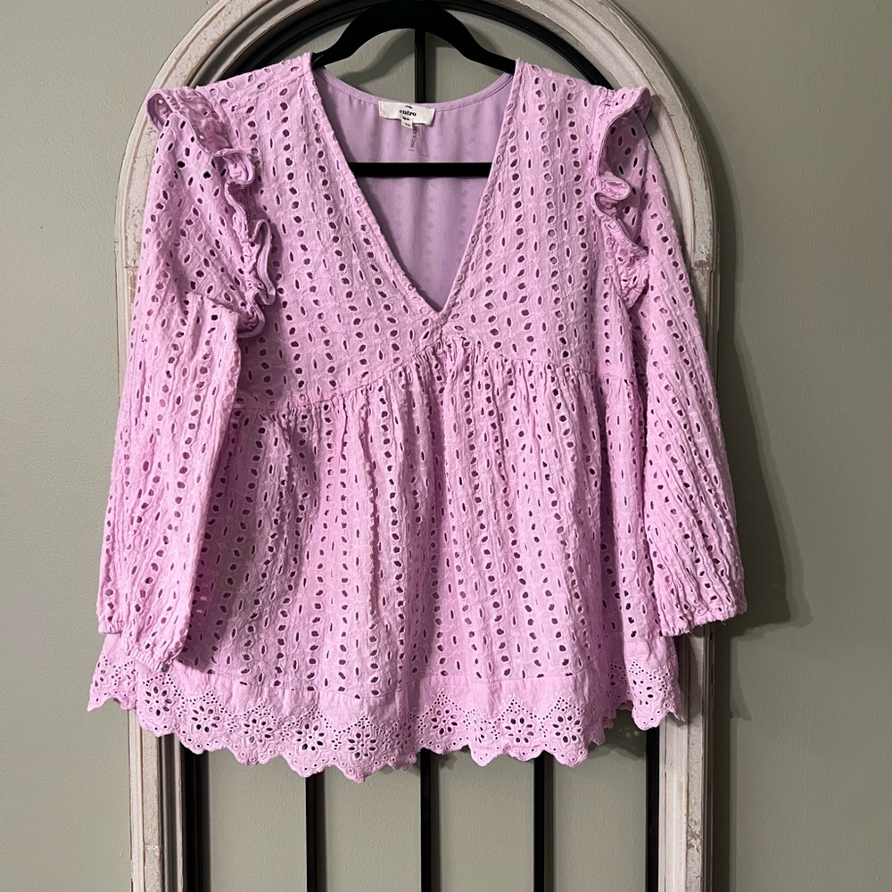 Entro Lavender Eyelet V-Neck Blouse